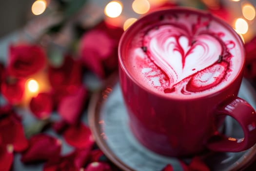 Valentine's day themed red velvet latte topped with heart-shaped art, set in a cozy café ambiance. surrounded by rose petals and warm lighting, it evokes a romantic and inviting setting for the holiday.