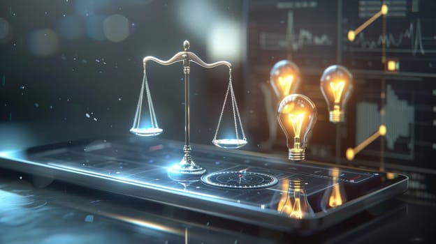 Illustrating the synergy of data and creativity in business, a digital scale on a touchscreen balances graphs and light bulbs, reflecting innovative decision-making. this concept blends technology with inspiration.