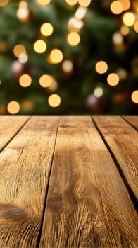Bright wooden table with festive bokeh background, perfect for holiday gatherings.