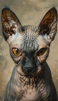 A detailed portrait of a hairless sphynx cat the unique texture of its skin. the cat's intense eyes engage directly with the viewer, set against a neutral background that accentuates its distinctive features.