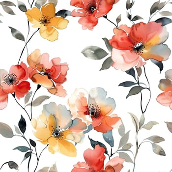 A vibrant display of red, yellow, and orange flowers is intertwined with green leaves, creating a fresh and lively atmosphere against a white backdrop.