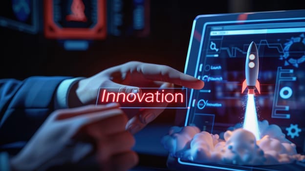 Businessman engaging with a digital tablet, activating a holographic rocket labeled 'launch innovation', symbolizing futuristic business growth and technological advancement. sleek, modern digital interface enhances the scene.