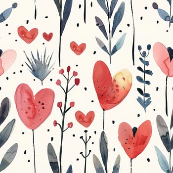 A pattern featuring heart-shaped flowers and intricate leaves in soft watercolor tones with a light backdrop.