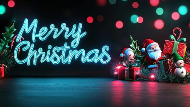 Merry Christmas with festive decorations and vibrant colors creates joyful atmosphere.
