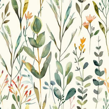 A beautiful botanical illustration showcases various plants and flowers in vibrant watercolor style, creating a serene and artistic atmosphere.