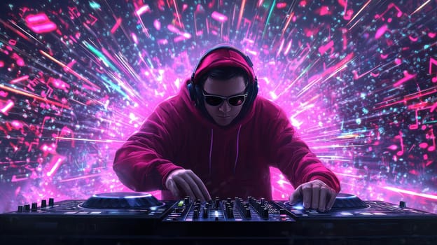 young male DJ with headphones and sunglasses creates energetic atmosphere.