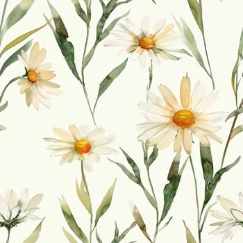 A beautiful display of delicate daisies and green leaves creates an elegant pattern, evoking a sense of calmness and natural beauty in a light setting.