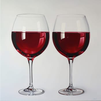Two elegantly shaped glasses are filled with deep red wine, reflecting light beautifully against a plain background, ideal for enhancing dining experiences.