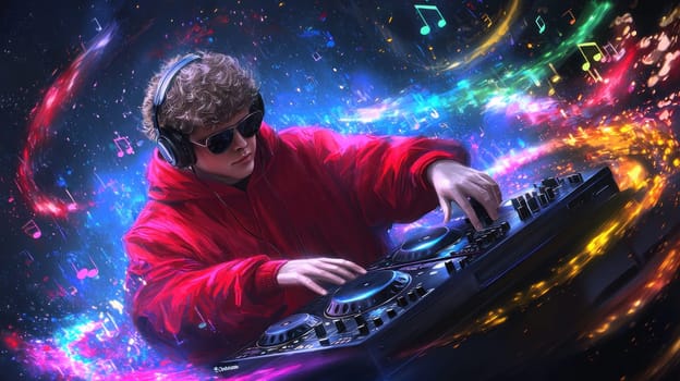 young male DJ with headphones and sunglasses creates vibrant music.