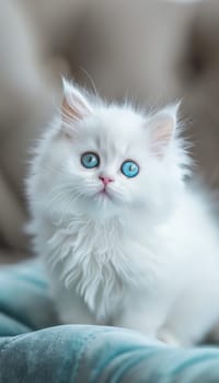 Close-up of a fluffy white persian kitten with striking blue eyes on a velvet cushion. the soft lighting and luxurious setting enhance its elegance, ideal for premium design, decor, or pet-themed print projects.
