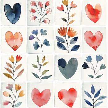 This artwork features a grid of watercolor drawings, including various hearts and floral motifs in vibrant colors, displaying creativity and artistic flair.