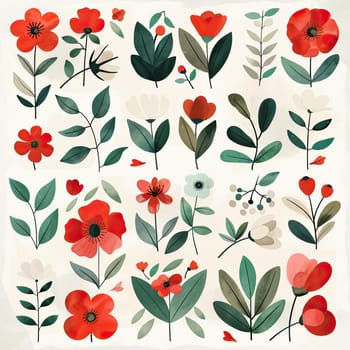 A vibrant floral pattern features various red flowers and lush green leaves against a soft background, highlighting the beauty of nature in a colorful design.