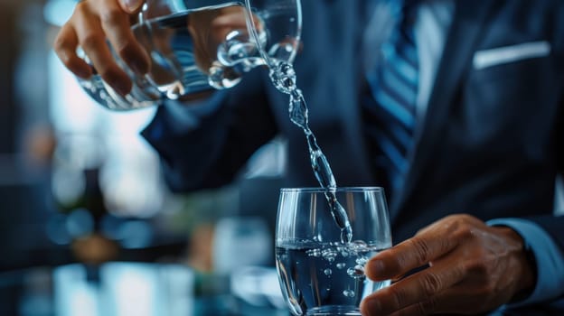 A business leader demonstrates resource management by pouring water between containers, symbolizing adaptability and strategic flexibility in business. captures the essence of dynamic leadership with photorealistic detail.