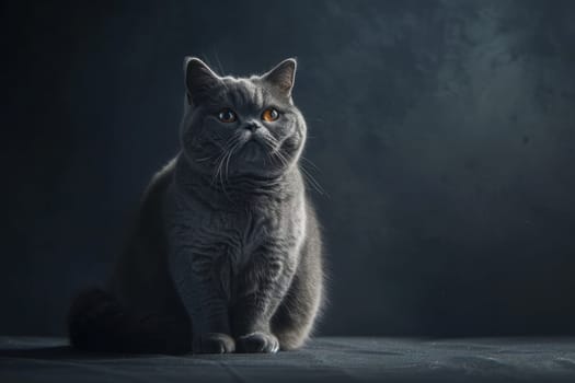 British shorthair cat with plush coat and amber eyes, sitting elegantly against a dark studio backdrop. the lighting highlights its distinctive features, making it perfect for posters and print media.