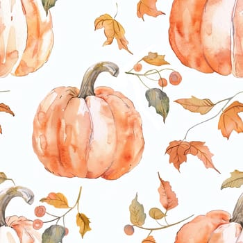 A pattern featuring watercolor-rendered pumpkins and colorful autumn leaves, creating a seasonal and festive aesthetic.