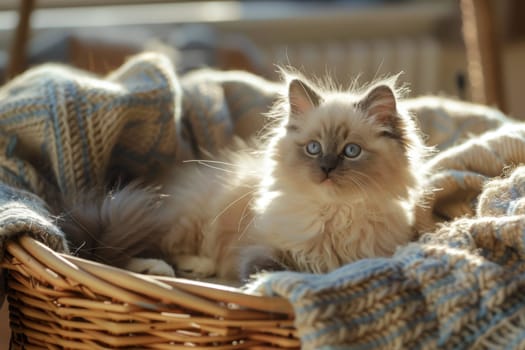 Fluffy ragdoll kitten nestled in a wicker basket surrounded by soft blankets, bathed in warm sunlight. the cozy, serene ambiance is ideal for pet-themed promotions, card designs, or calming interior decorations.