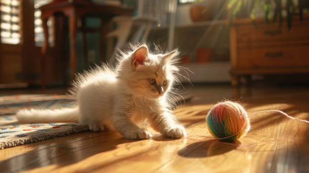 Fluffy white kitten engaging with a vibrant ball of yarn on a wooden floor in a cozy, sunlit room. the scene exudes warmth and playfulness, perfect for pet-themed promotions and home decor designs.