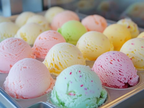 Brightly colored scoops of ice cream are neatly arranged in a gelato shop freezer, showcasing various flavors that beckon passersby to indulge in a sweet delight.