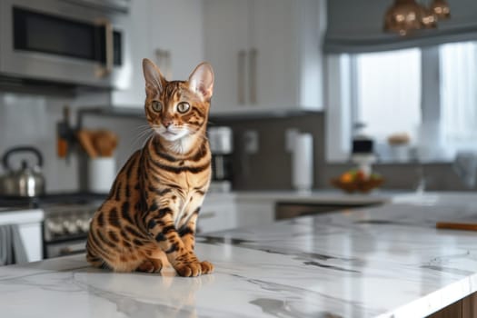 A bengal cat with striking fur patterns sits elegantly on a marble countertop in a sleek, modern kitchen. the setting showcases contemporary kitchen design elements, focusing on clean lines and a minimalist aesthetic.