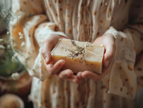 Gentle hands cradle a bar of artisanal soap, beautifully wrapped in twine and adorned with dried herbs, reflecting a charming, rustic atmosphere.