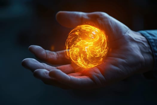 A high-detail photorealistic image of a hand cupping a glowing fireball, symbolizing business risk control and management. the vibrant lighting and sharp focus highlight the dynamic energy and power involved in handling risks.