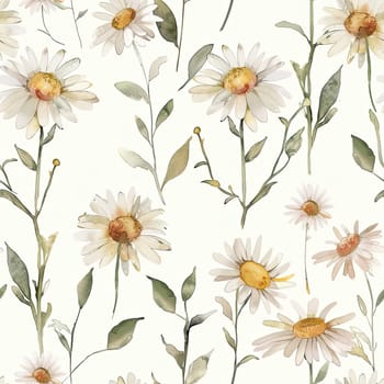 A collection of white daisies with subtle yellow centers and delicate green leaves is beautifully arranged on a soft cream backdrop, perfect for floral designs.