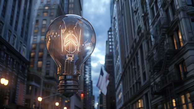 A large light bulb hovers above a vibrant city street, its glass capturing reflections of surrounding skyscrapers. this photorealistic scene symbolizes urban innovation and the illuminating power of ideas, enhanced by dramatic lighting.