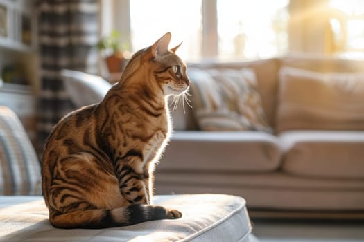 Bengal cat with golden fur and distinctive rosettes sits on an ottoman in a contemporary sunlit home. warm lighting highlights its striking features, creating a serene and stylish interior setting perfect for pet enthusiasts.