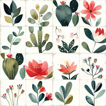 A vibrant grid display showcases a variety of hand-drawn botanical elements, featuring lush greens, bright flowers, and unique plant shapes that celebrate nature's beauty.