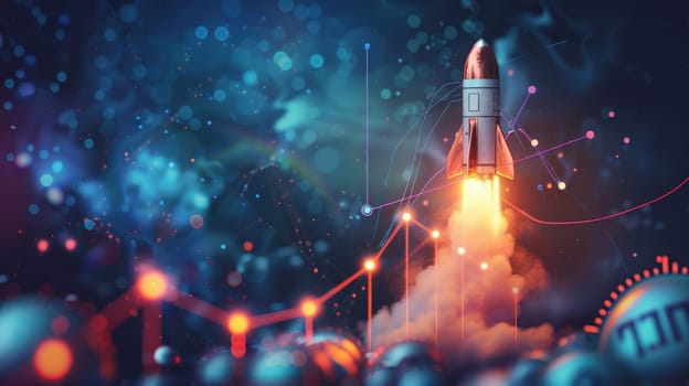 A dynamic and colorful image showcasing a rocket launching into a starry sky, with its exhaust trail forming a line graph. the scene symbolizes innovation and rising financial success, depicted in a vibrant, photorealistic style.