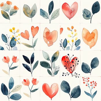 A collection of watercolor designs featuring flowers and heart shapes, arranged in a grid. This artwork blends various soft colors and forms beautifully.
