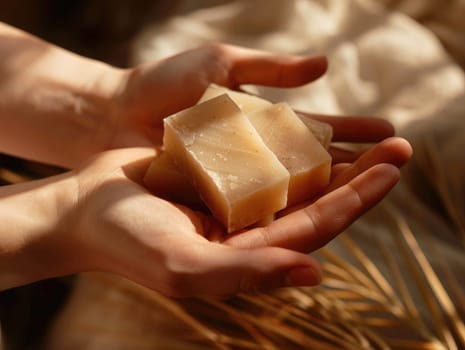 Two handcrafted soap bars rest in a person's hands, showcasing their smooth texture and natural colors. The soft lighting enhances the serene atmosphere.