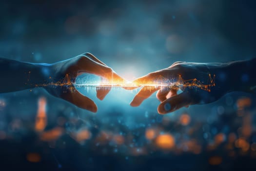 High-detail photorealistic artwork showcasing two hands connected by a glowing digital bridge. represents the essence of communication and business networking with vibrant, luminous effects.