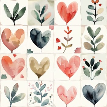 A grid layout filled with watercolor hearts and botanical illustrations showcasing diverse shapes and colors, perfect for creative projects or decoration.