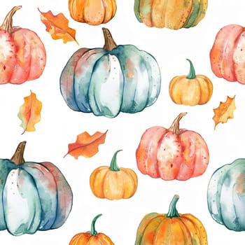 A variety of pumpkins in different colors and sizes is scattered among vibrant autumn leaves.