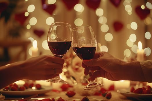 A couple clinks glasses filled with red wine, set against a backdrop of warm candlelight and heart-shaped decor. perfect for valentine's day, this scene evokes romance and celebration in an intimate setting.