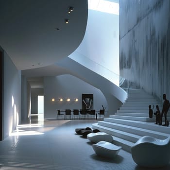 A contemporary gallery features sleek lines and elegant furnishings, bathed in natural light. The space includes a striking staircase, minimalist sculptures, and a dining area.