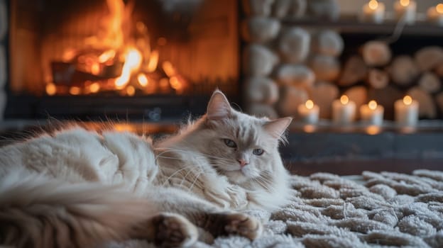 A fluffy ragdoll cat rests on a plush rug in front of a glowing fireplace, surrounded by candles. the warm lighting creates a cozy winter atmosphere, ideal for pet-themed designs or home decor inspiration.