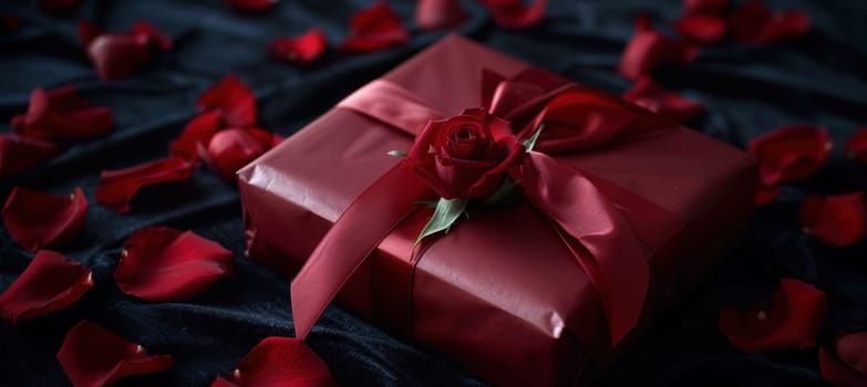 Luxurious valentine's day gift wrapped in elegant red satin ribbon, resting on a black velvet backdrop with scattered rose petals, creating a sophisticated and romantic presentation ideal for cards and posters.