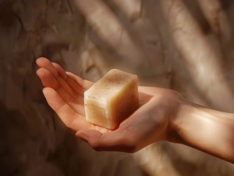 A hand supports a bar of handcrafted soap featuring a rough texture, bathed in gentle natural light that highlights its unique details, set against a warm background.