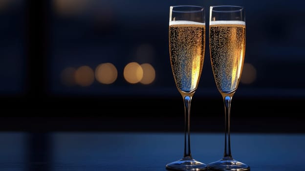 Two elegant champagne flutes shimmer with bubbly liquid, reflecting warm city lights as dusk settles over the skyline, creating a festive atmosphere.
