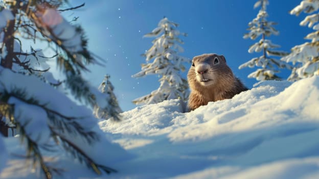 Cheerful groundhog emerges from its burrow on a sunny winter morning, surrounded by snow-covered trees. the groundhog observes its shadow under clear blue skies, creating a charming groundhog day scene.