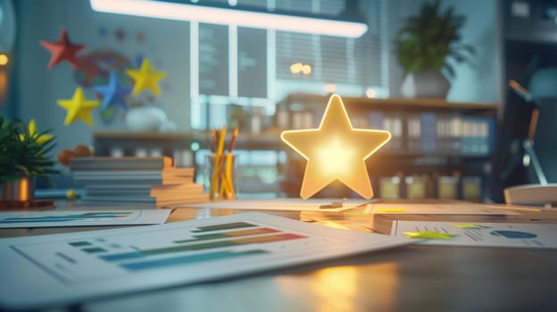 A glowing star at the center of a business desk filled with papers and graphs highlights the importance of goal setting in achieving business success. the clean, modern office environment provides a professional backdrop.