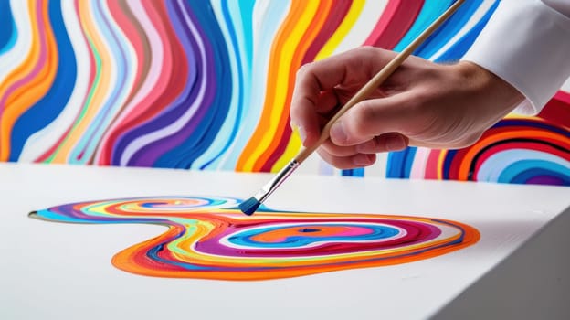 A businessperson's hand skillfully paints vibrant, abstract patterns on a white canvas, symbolizing creativity and innovation in the professional world. the swirling colors and intricate design emphasize artistic expression.