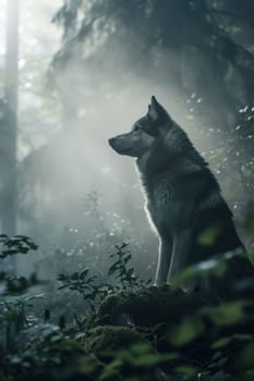 Norwegian elkhound stands proudly amidst a misty forest, exuding a majestic aura. its thick coat and attentive posture epitomize elegance and strength, making it perfect for nature-inspired designs and wildlife art.