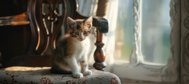 A detailed portrait of a calico kitten perched on a vintage wooden chair, illuminated by soft natural light through a window. the scene highlights the kitten's colorful fur and gentle expression, creating a warm, cozy atmosphere.