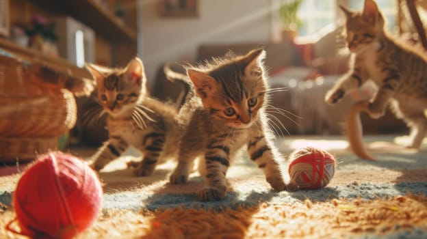 Lively kittens frolic with colorful yarn on a pastel rug in a sunlit living room. this charming scene highlights the playful and heartwarming nature of young cats, capturing a perfect moment to inspire pet adoption.