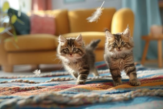 Two fluffy kittens energetically chase a feather toy across a colorful blanket in a modern living room. their playful interaction offers a joyful atmosphere, ideal for pet adoption promotions or home decor inspiration.