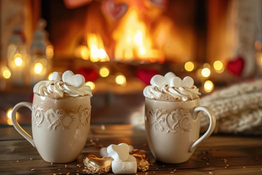 Two elegant mugs of hot chocolate topped with whipped cream and heart-shaped marshmallows sit on a wooden table. the warm glow of a fireplace and valentine's day decorations create a romantic and cozy atmosphere.