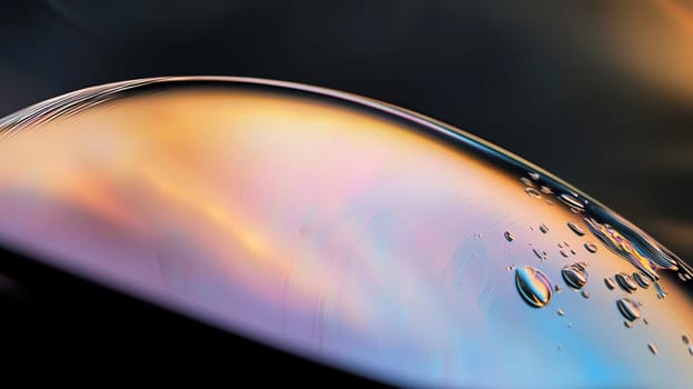 Light is refracting through a macro soap bubble creating colorful swirls and patterns, small water droplets cling to the side